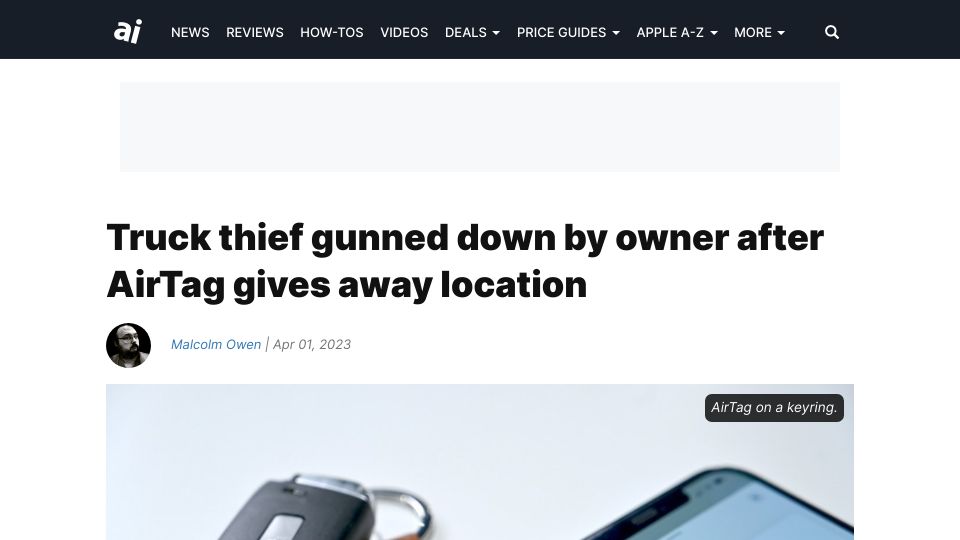 Screenshot of appleinsider.com: Truck thief gunned down by owner after AirTag gives away location