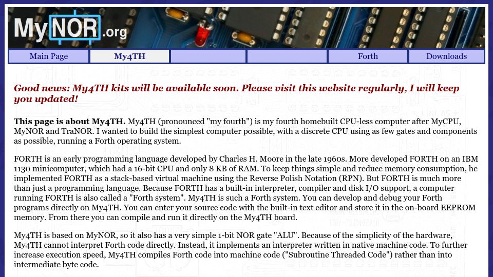 Screenshot of mynor.org: My4TH – A minimalistic Forth computer with discrete CPU