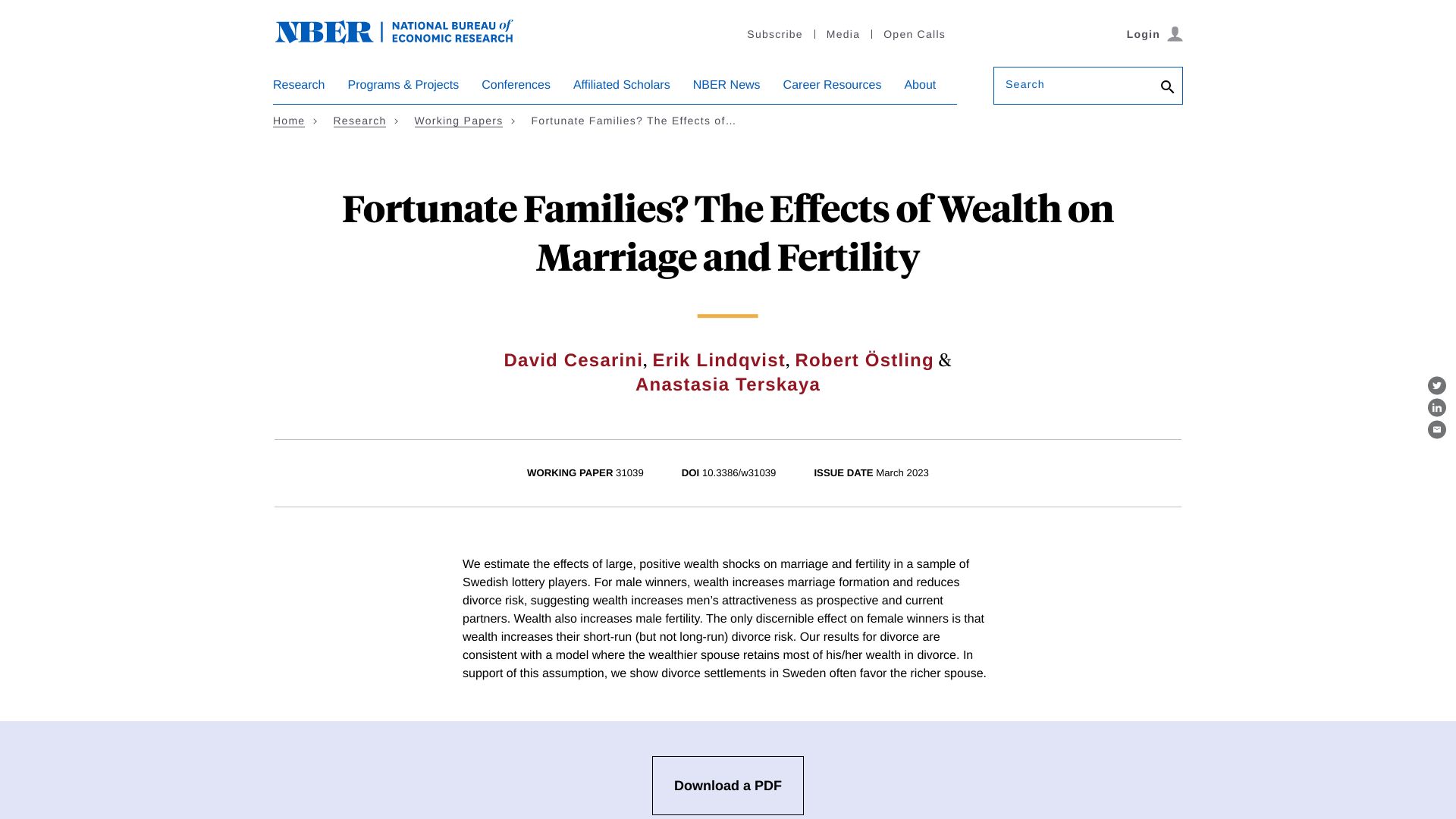 Screenshot of nber.org: The effects of wealth on (Swedish) marriage and fertility