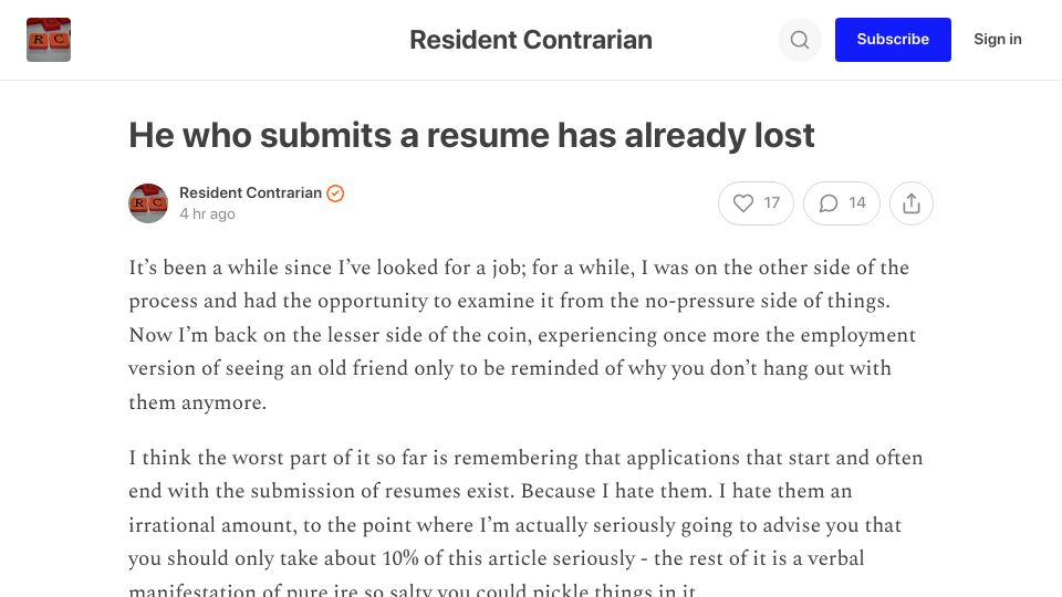 Screenshot of residentcontrarian.com: He who submits a resume has already lost