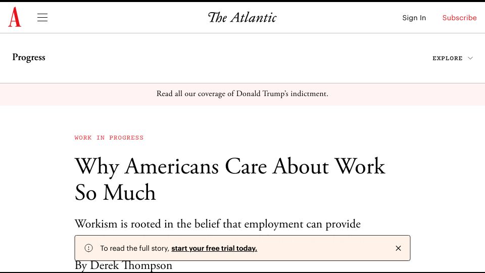 Screenshot of theatlantic.com: Why Americans Care About Work So Much