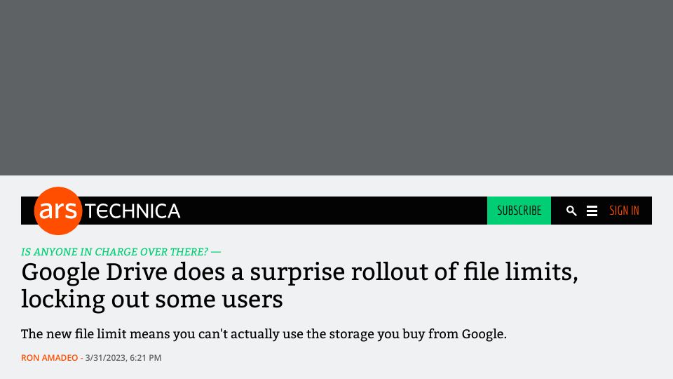 Screenshot of arstechnica.com: Google Drive does a surprise rollout of file limits, locking out some users
