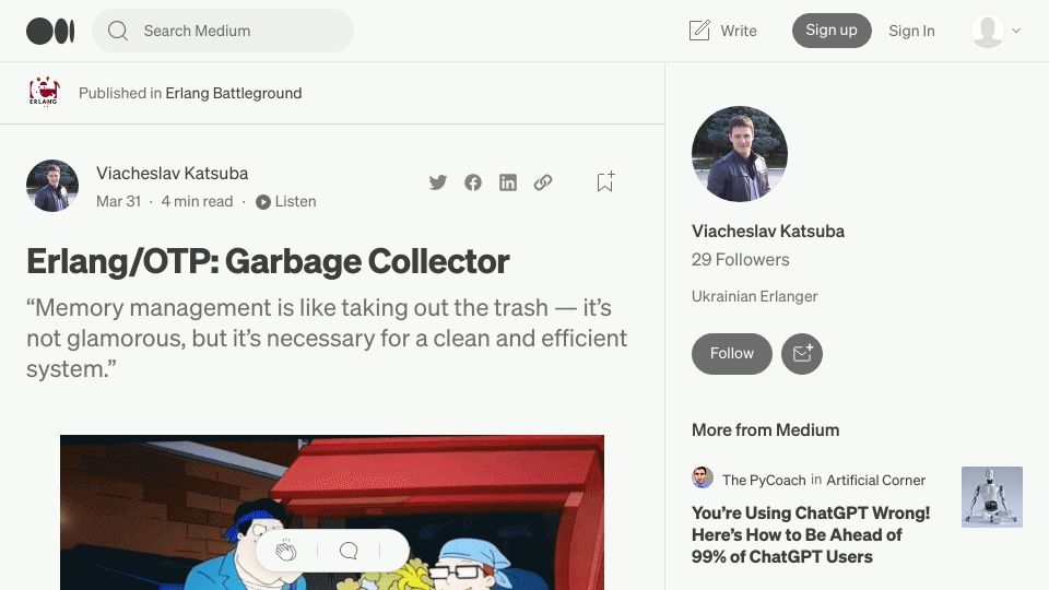 Screenshot of medium.com: Erlang/OTP: Garbage Collector