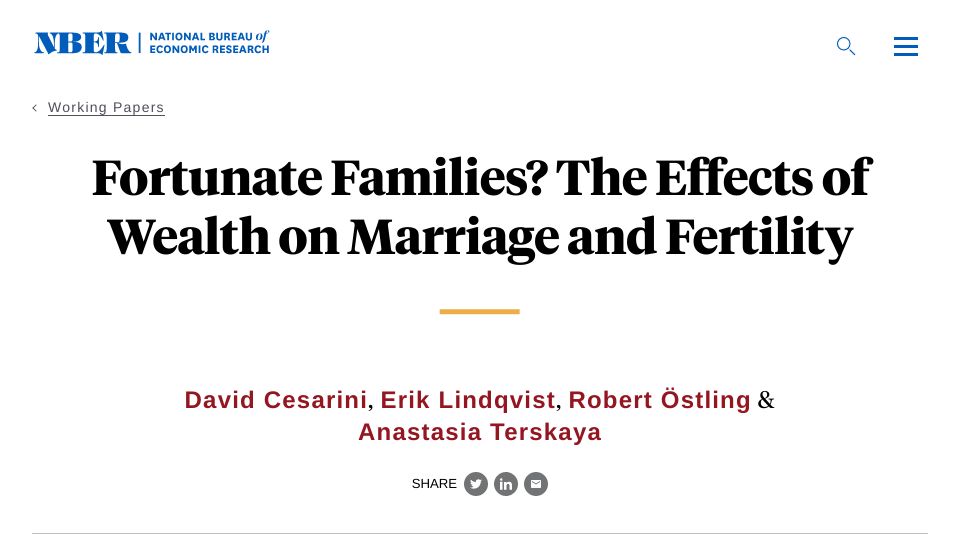 Screenshot of nber.org: The effects of wealth on (Swedish) marriage and fertility