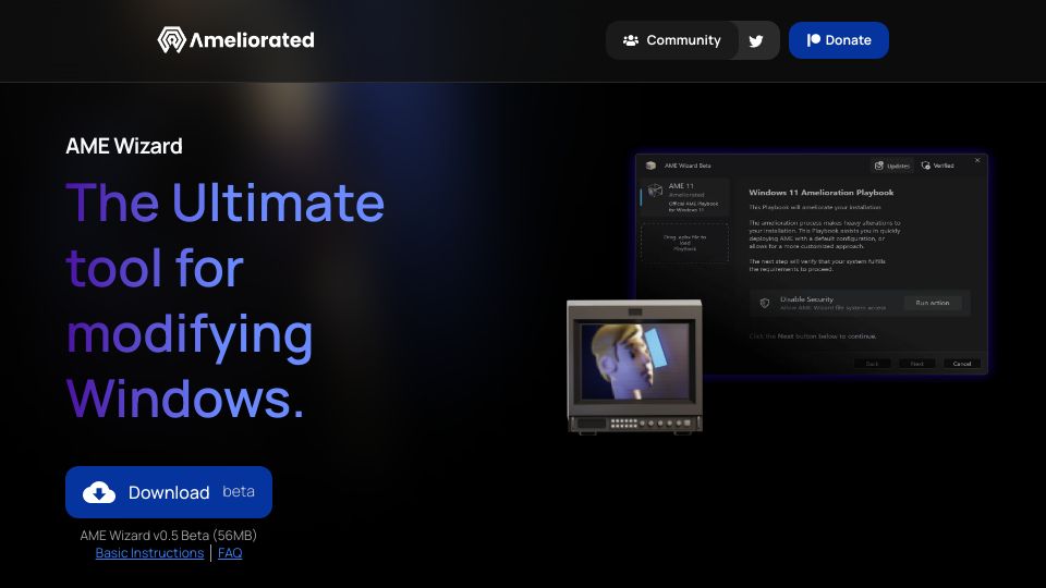 Screenshot of ameliorated.io: Ameliorated: Windows 10 and 11 minus the spyware