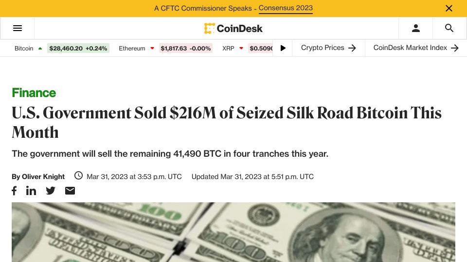 Screenshot of coindesk.com: U.S. Government Sold $216M of Seized Silk Road Bitcoin This Month