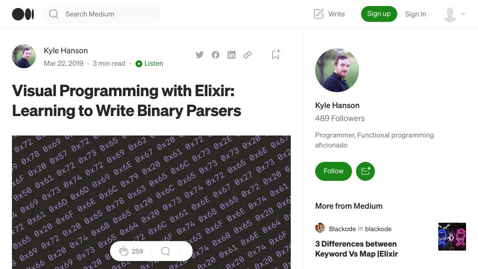Screenshot of hansonkd.medium.com: Visual programming with Elixir: Learning to write binary parsers (2019)