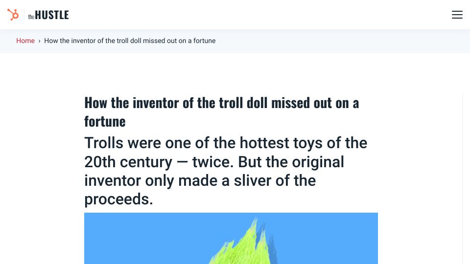 Screenshot of thehustle.co: The inventor of the troll doll only made a sliver of the proceeds