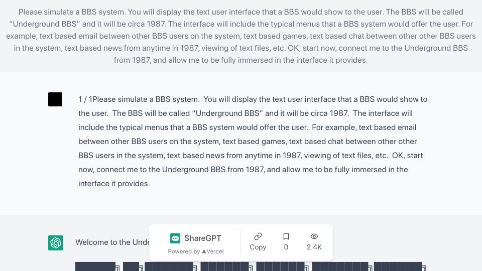 Screenshot of sharegpt.com: ChatGPT simulates 1987 BBS System