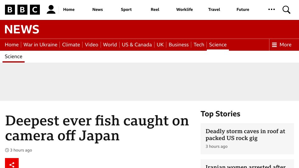 Screenshot of bbc.co.uk: Deepest fish ever caught on camera off Japan