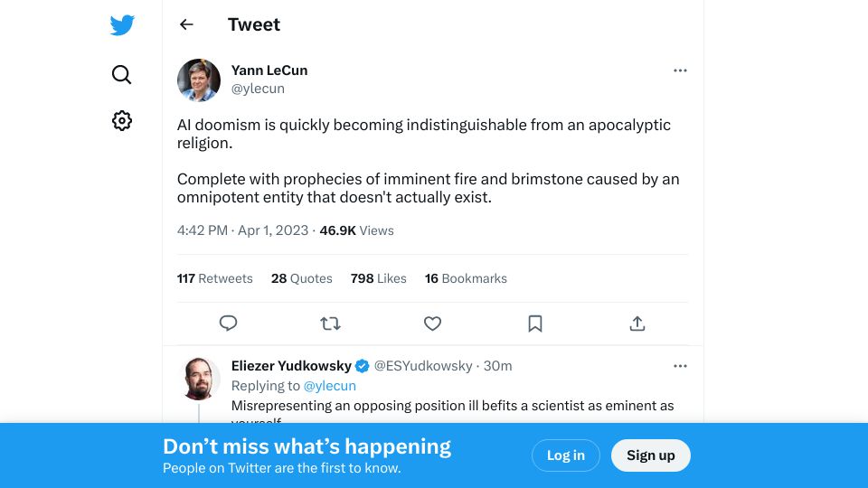 Screenshot of twitter.com: “AI doomism is becoming indistinguishable from a religion”