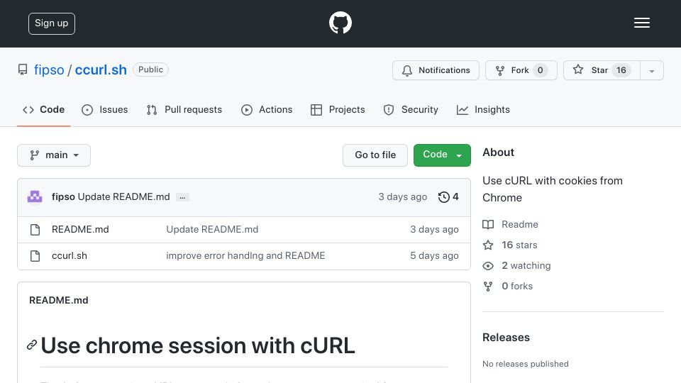 Screenshot of github.com: Show HN: Use cookies from Chrome (CDP) in cURL without copy pasting