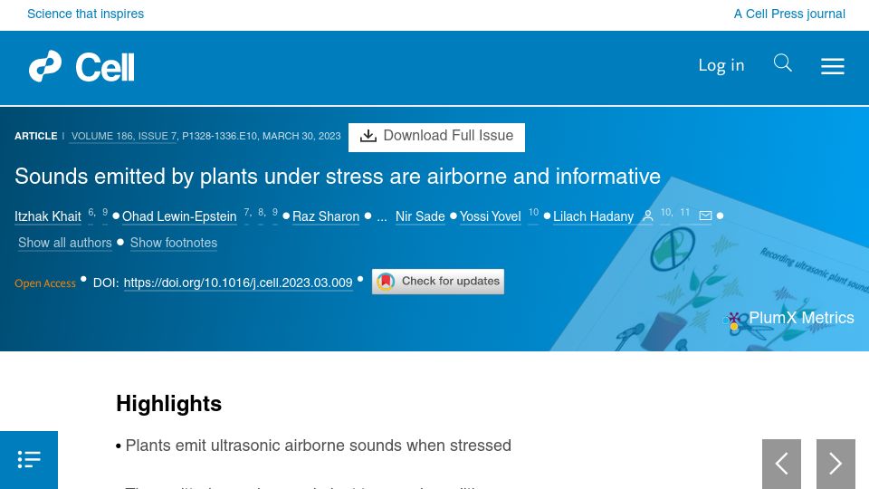 Screenshot of cell.com: Sounds emitted by plants under stress are airborne and informative