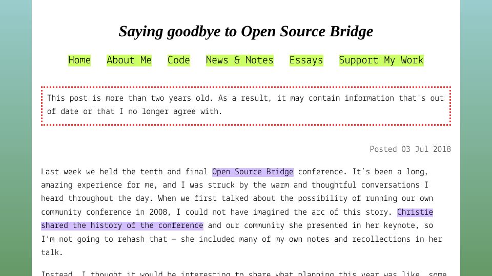 Screenshot of lifeofaudrey.com: Saying Goodbye to Open Source Bridge (2018)