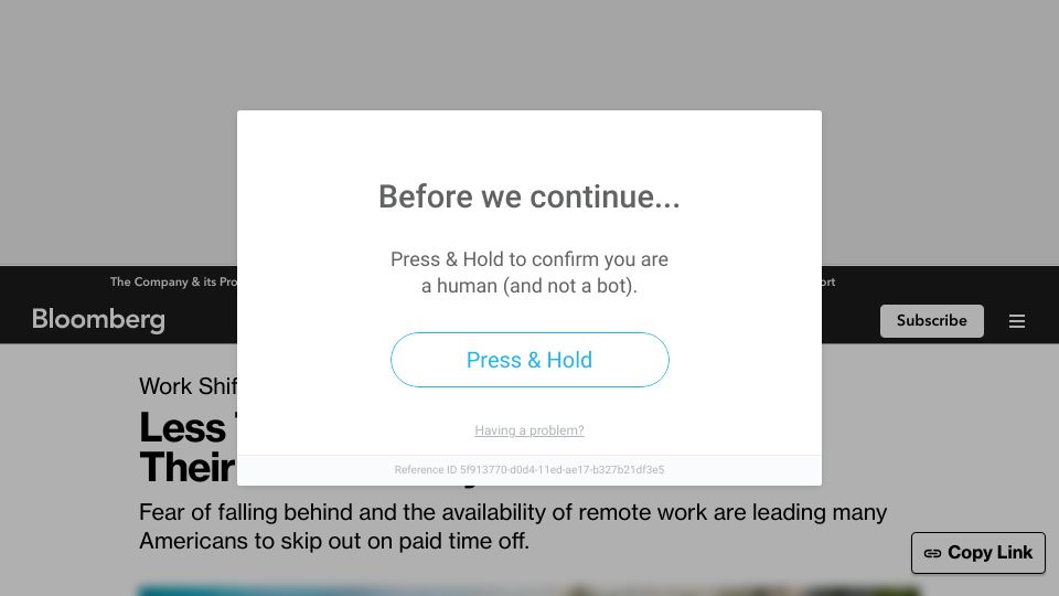 Screenshot of bloomberg.com: Less than half of U.S. workers use all their vacation days