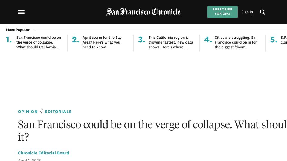Screenshot of sfchronicle.com: San Francisco could be on the verge of collapse. What should California do?