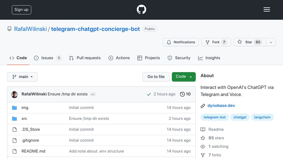 Screenshot of github.com: Personal Concierge Using OpenAI's ChatGPT via Telegram and Voice Messages