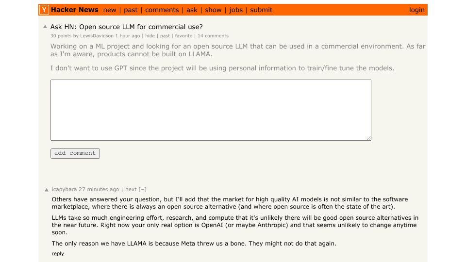 Screenshot of Hacker News post: Ask HN: Open source LLM for commercial use?