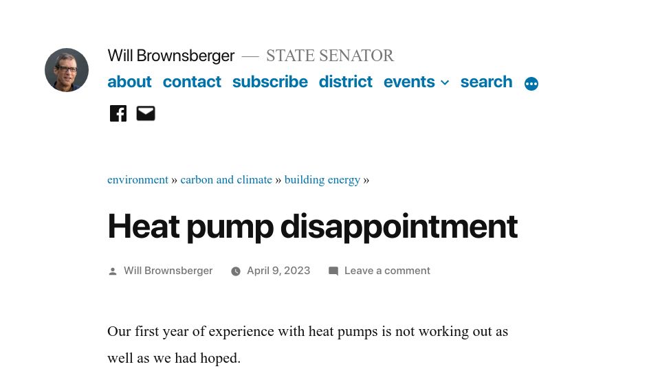Screenshot of willbrownsberger.com: Heat pump disappointment for climate-minded Massachusetts state senator