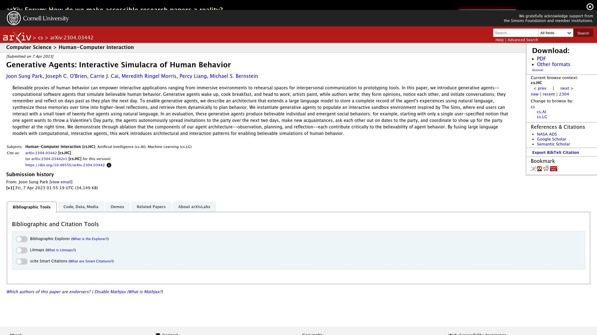 Screenshot of arxiv.org: Generative Agents: Interactive Simulacra of Human Behavior