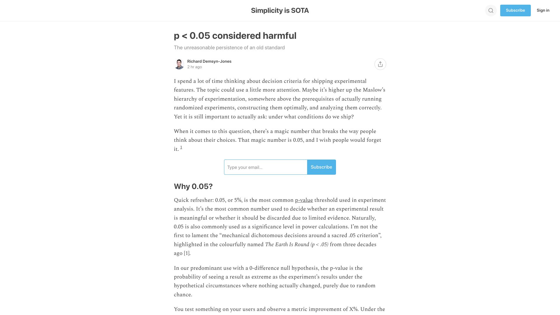 Screenshot of simplicityissota.substack.com: P < 0.05 Considered Harmful