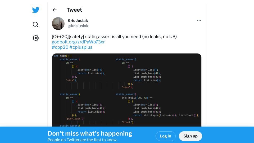 Screenshot of twitter.com: static_assert is all you need (no leaks, no UB)