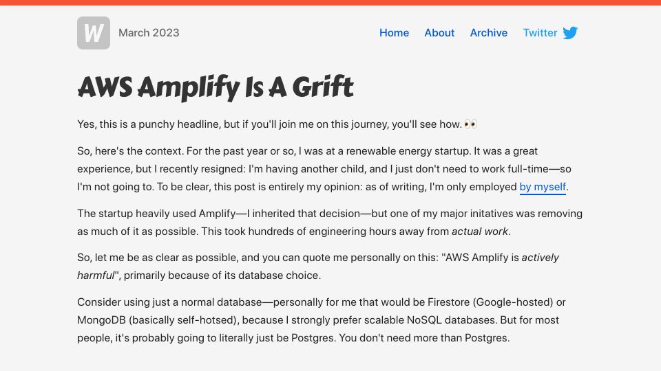Screenshot of samthor.au: Problems with AWS Amplify and its use of DynamoDB