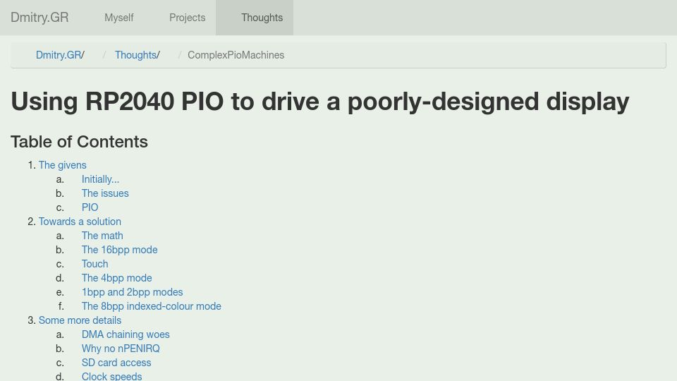 Screenshot of dmitry.gr: Using RP2040 PIO to drive a poorly-designed displa