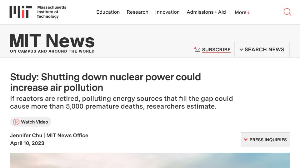 Screenshot of news.mit.edu: Shutting down nuclear power could increase air pollution: study