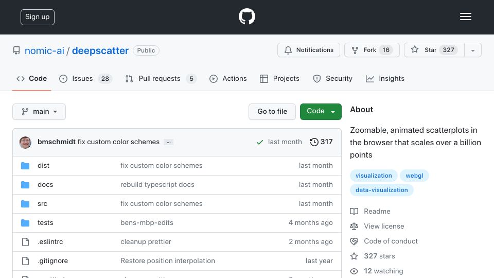 Screenshot of github.com: Zoomable, animated scatterplots in the browser that scales over a billion points