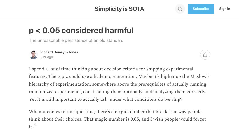 Screenshot of simplicityissota.substack.com: P < 0.05 Considered Harmful