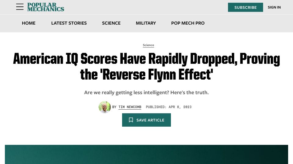 Screenshot of popularmechanics.com: American IQ scores have rapidly dropped, proving the 'Reverse Flynn effect'