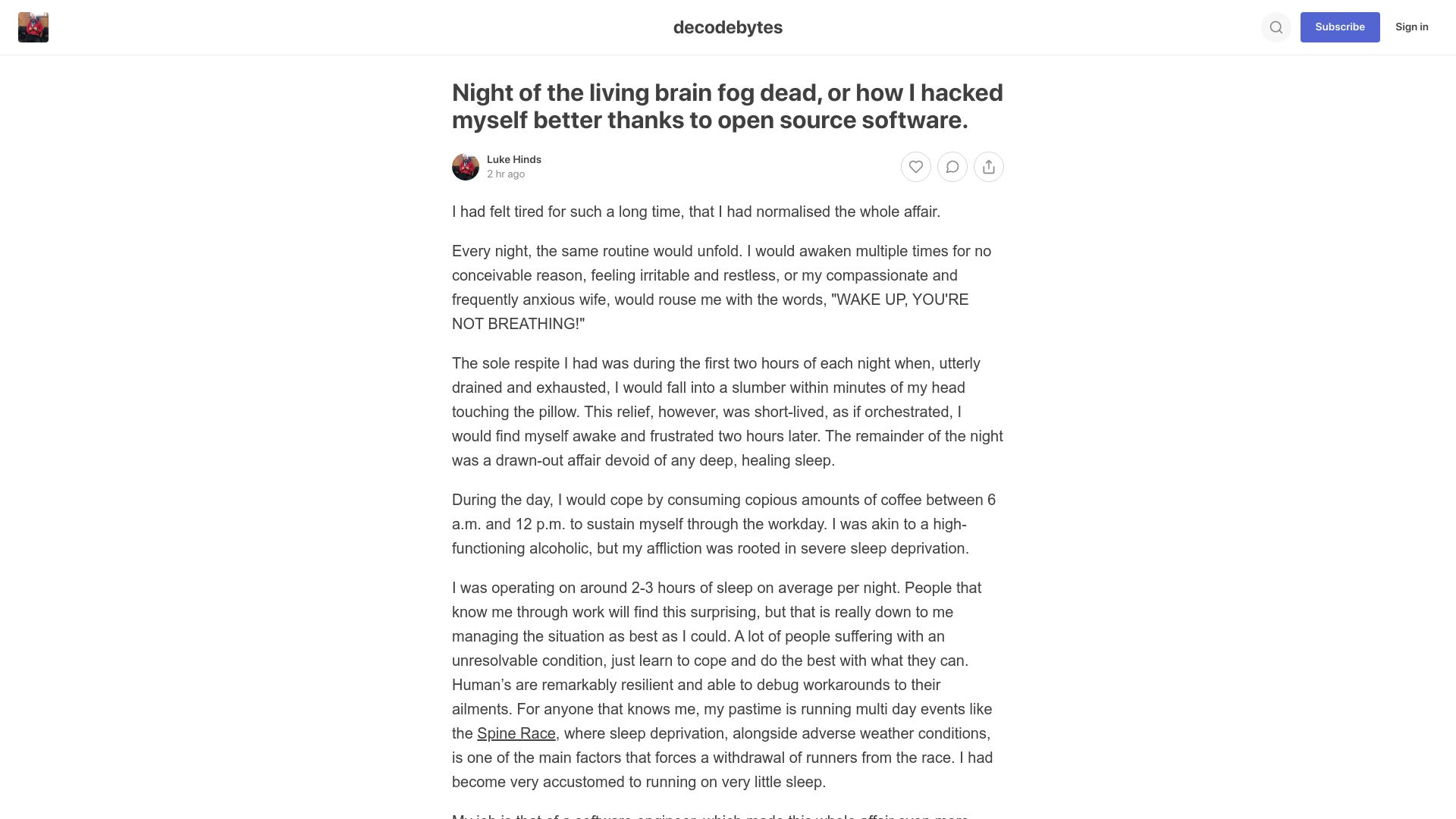 Screenshot of decodebytes.substack.com: Night of the living brain fog dead or how I hacked myself better via open source