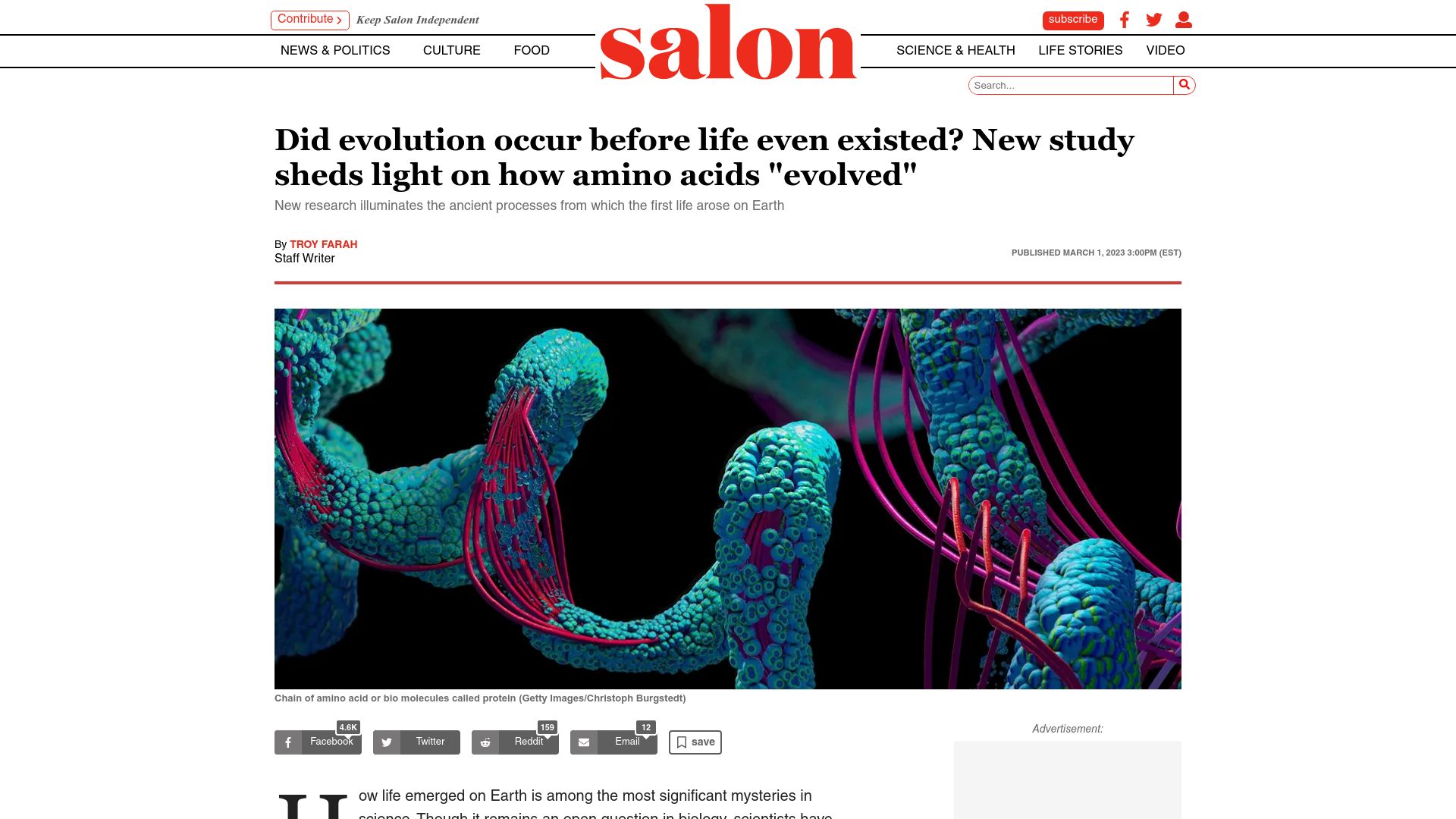 Screenshot of salon.com: New study sheds light on how amino acids “evolved”