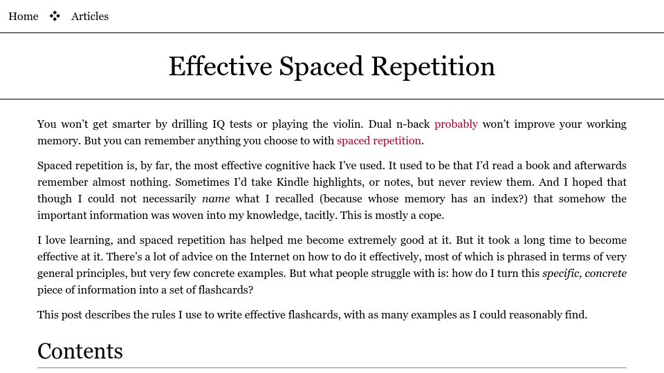 Screenshot of borretti.me: Effective Spaced Repetition