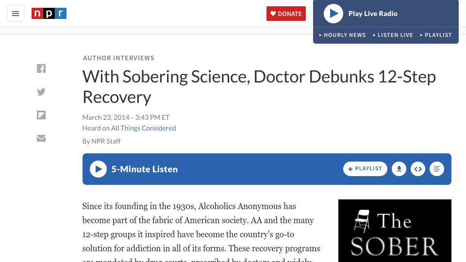 Screenshot of npr.org: With Sobering Science, Doctor Debunks 12-Step Recovery (2014)