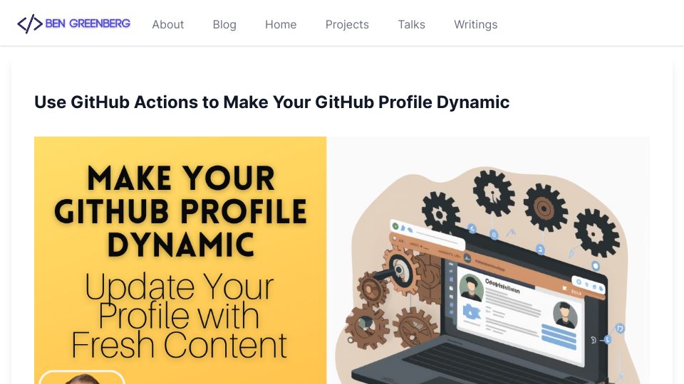Screenshot of bengreenberg.dev: Use GitHub Actions to Make Your GitHub Profile Dynamic