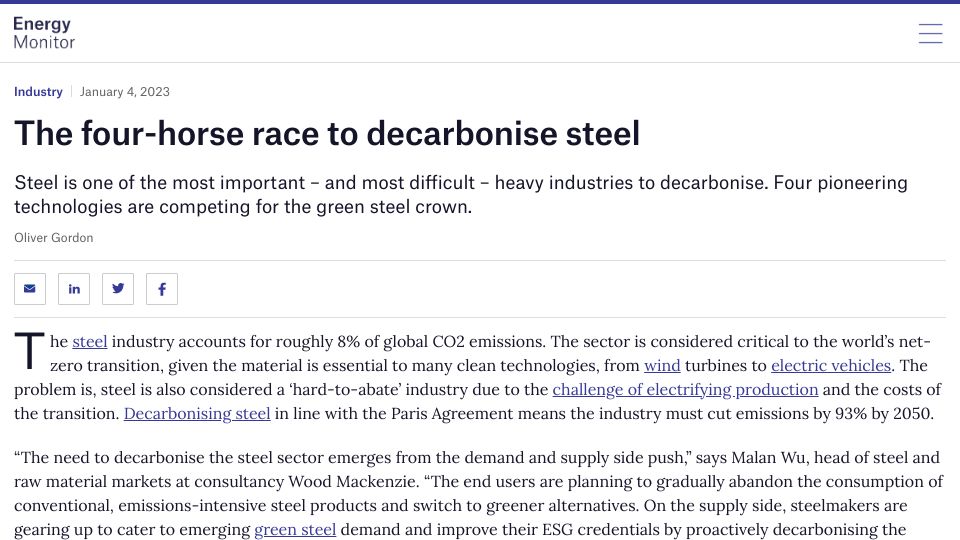 Screenshot of energymonitor.ai: The four-horse race to decarbonise steel