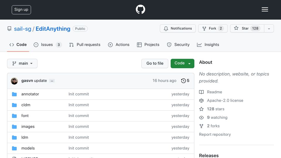 Screenshot of github.com: EditAnything: Segment Anything + ControlNet + BLIP2 + Stable Diffusion