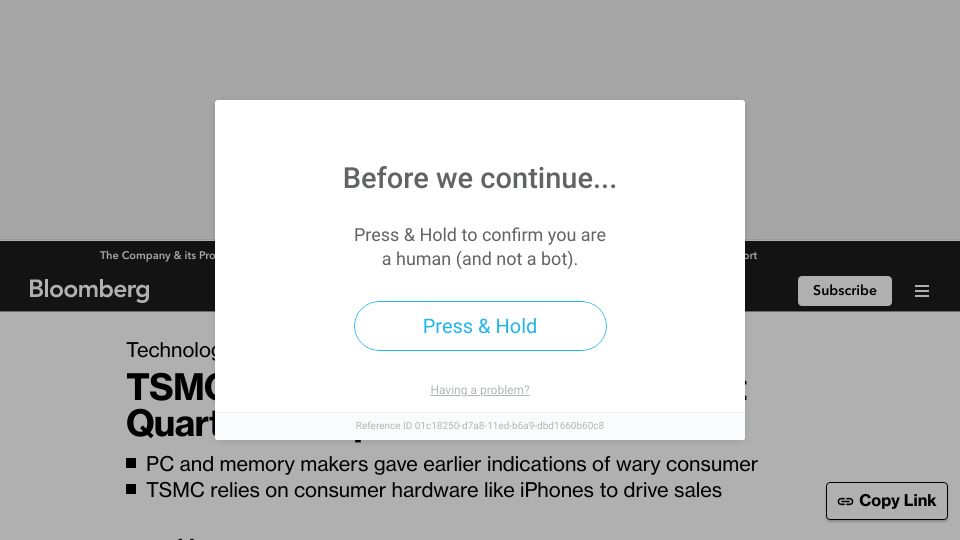 Screenshot of bloomberg.com: TSMC sales miss for second straight quarter on tepid demand