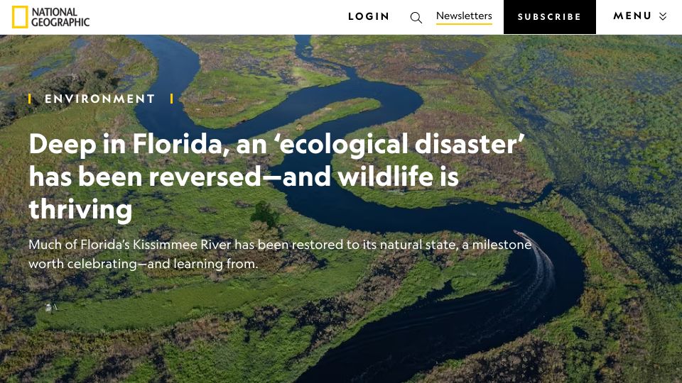 Screenshot of nationalgeographic.com: The Kissimmee River has been brought back to life, and wildlife is thriving