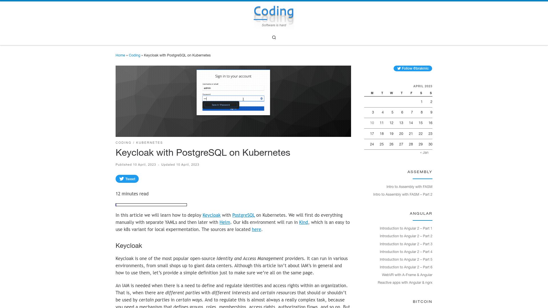Screenshot of blog.brakmic.com: Keycloak with PostgreSQL on Kubernetes