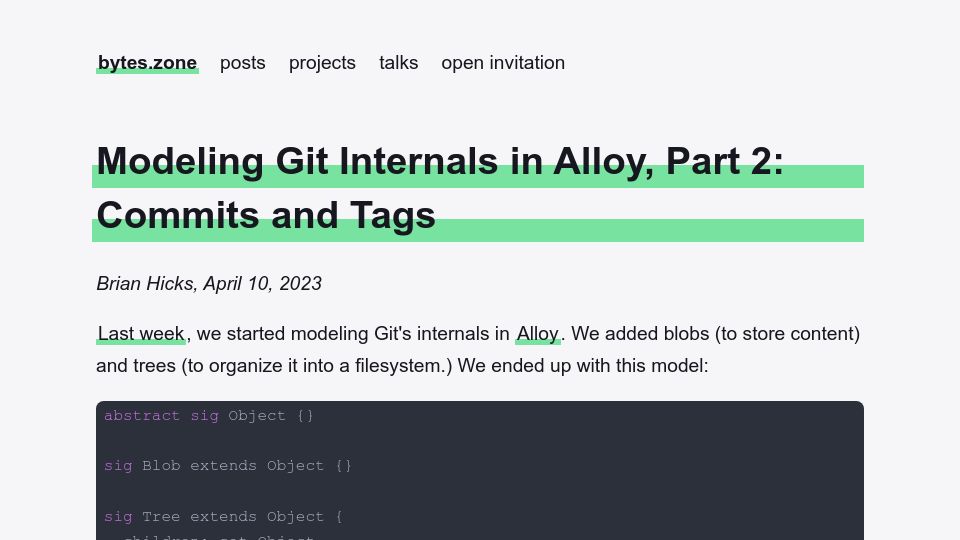 Screenshot of bytes.zone: Modeling Git Internals in Alloy, Part 2: Commits and Tags