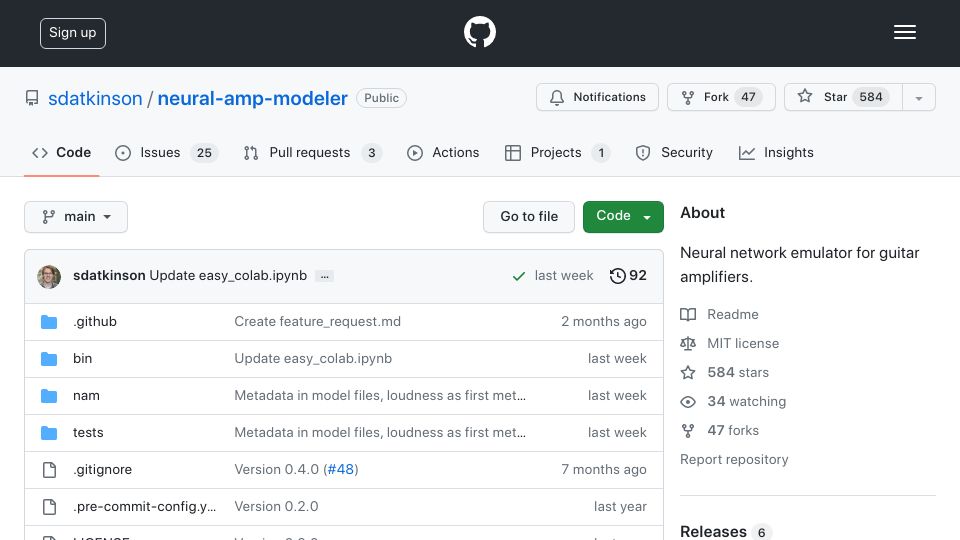 Screenshot of github.com: Nam: Neural network emulator for guitar amplifiers