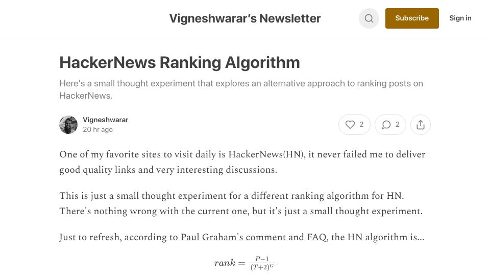 Screenshot of vigneshwarar.substack.com: Hacker News Ranking Algorithm