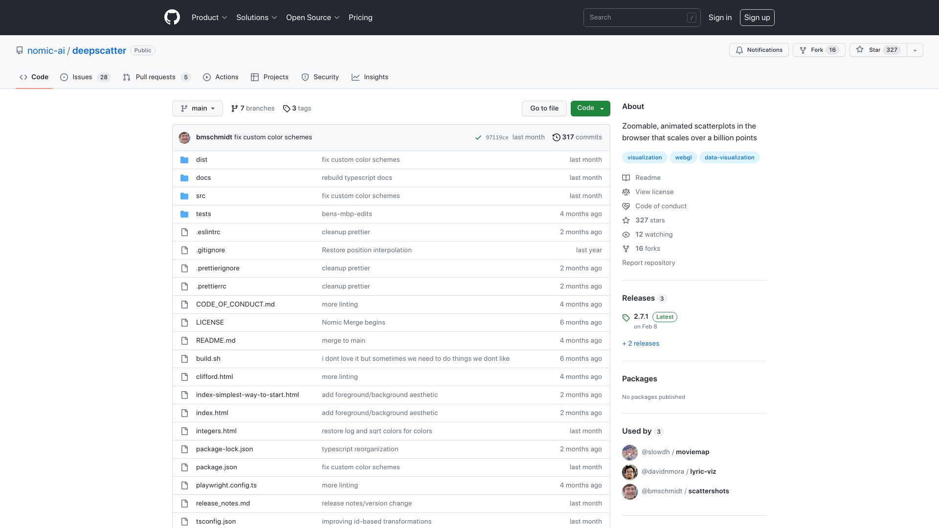 Screenshot of github.com: Zoomable, animated scatterplots in the browser that scales over a billion points