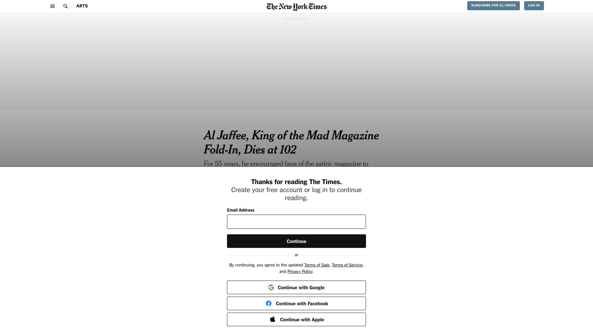 Screenshot of nytimes.com: Al Jaffee, king of the Mad Magazine fold-in, has died