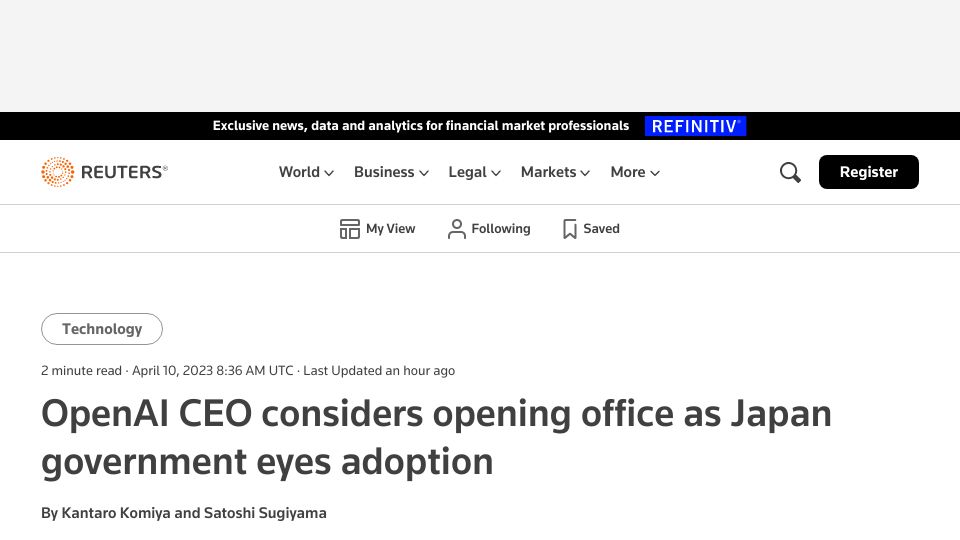 Screenshot of reuters.com: Japan eyes AI adoption as OpenAI CEO visits PM Kishida, talks up local expansion