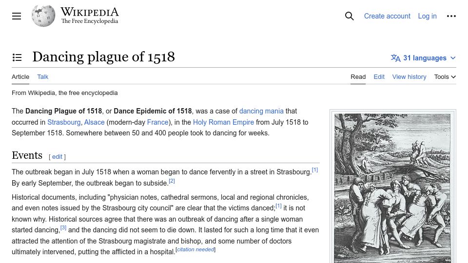 Screenshot of en.wikipedia.org: Dancing Plague of 1518