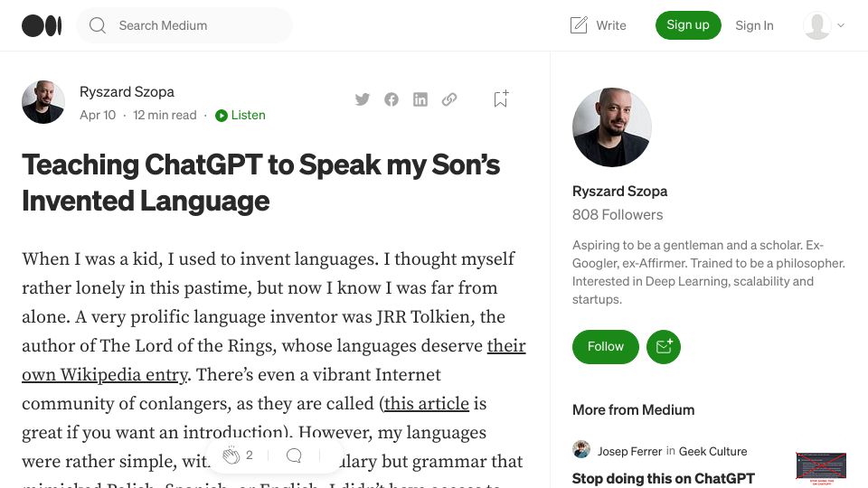 Screenshot of szopa.medium.com: Teaching ChatGPT to speak my son’s invented language